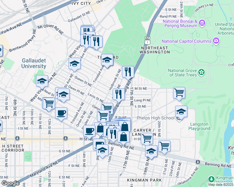 map of restaurants, bars, coffee shops, grocery stores, and more near 101 Independence Avenue Southeast in Washington