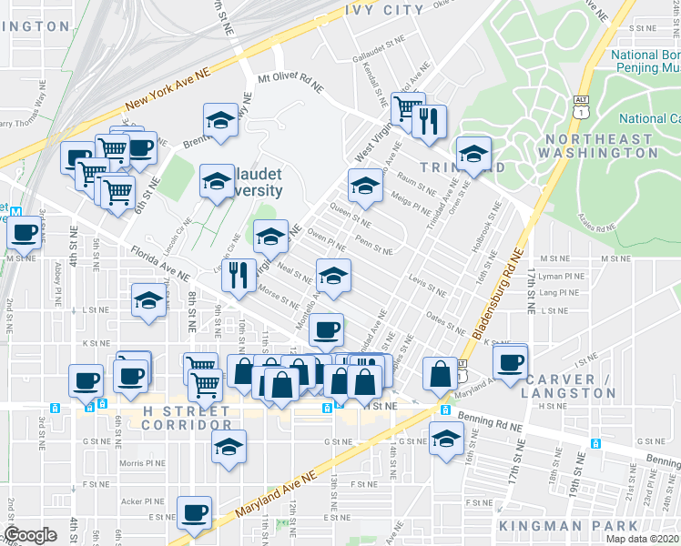 map of restaurants, bars, coffee shops, grocery stores, and more near 101 Independence Avenue Southeast in Washington
