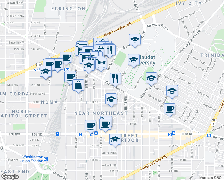 map of restaurants, bars, coffee shops, grocery stores, and more near 647 Orleans Place Northeast in Washington
