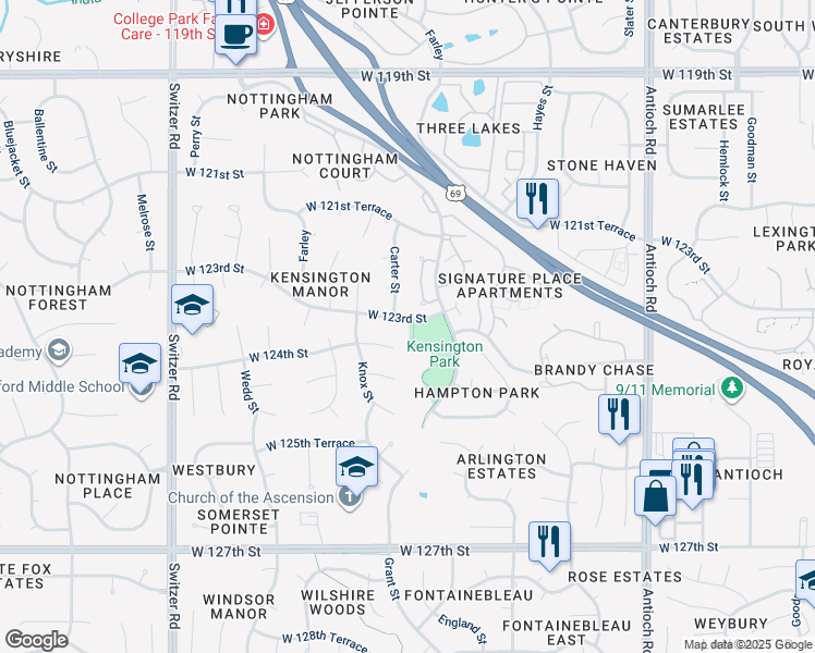 map of restaurants, bars, coffee shops, grocery stores, and more near 9600 West 123rd Street in Overland Park