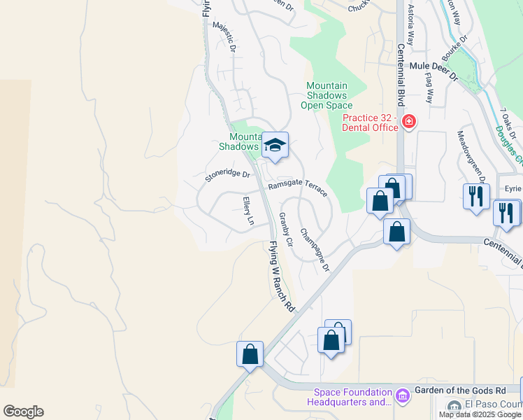 map of restaurants, bars, coffee shops, grocery stores, and more near 4930 Flying West Ranch Road in Colorado Springs