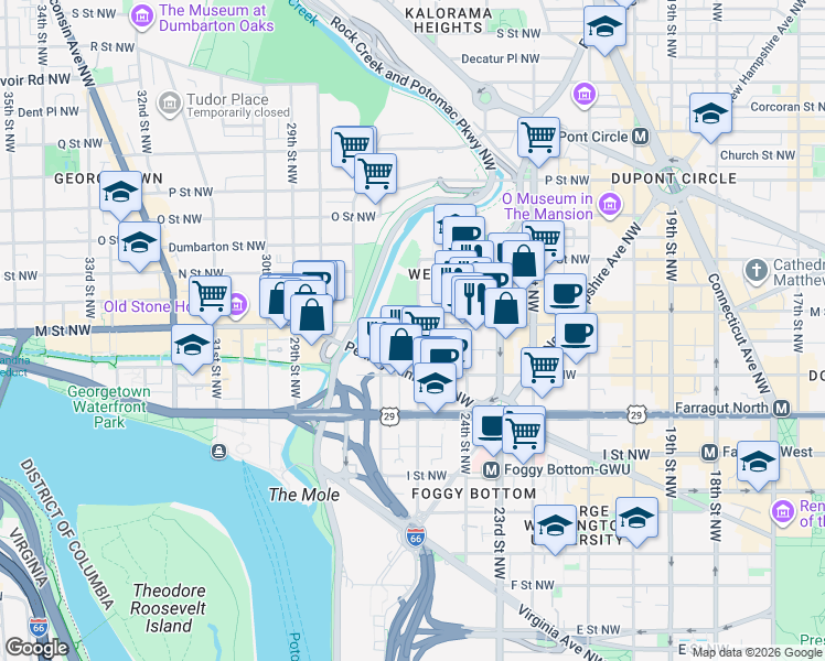 map of restaurants, bars, coffee shops, grocery stores, and more near 2500 M Street Northwest in Washington