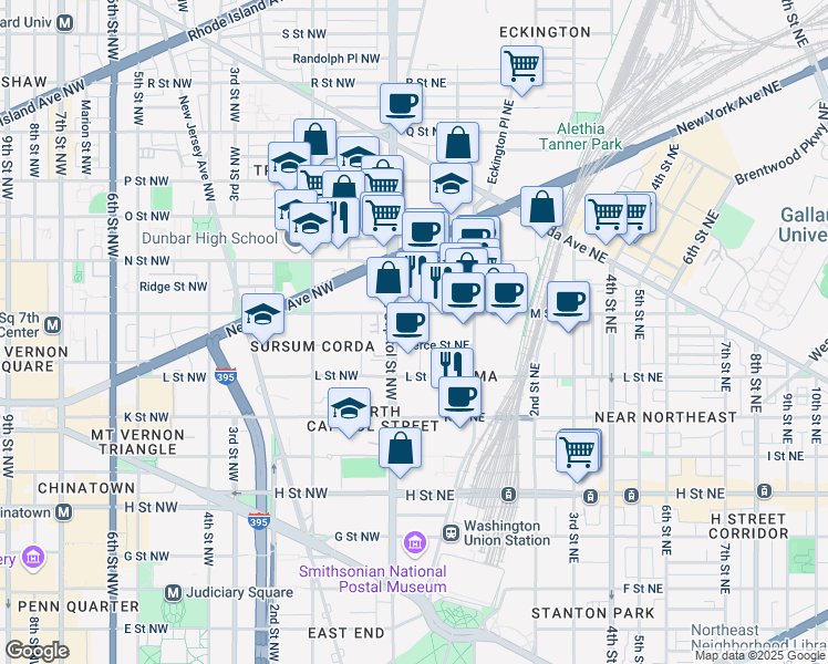 map of restaurants, bars, coffee shops, grocery stores, and more near 1133 North Capitol Street Northeast in Washington