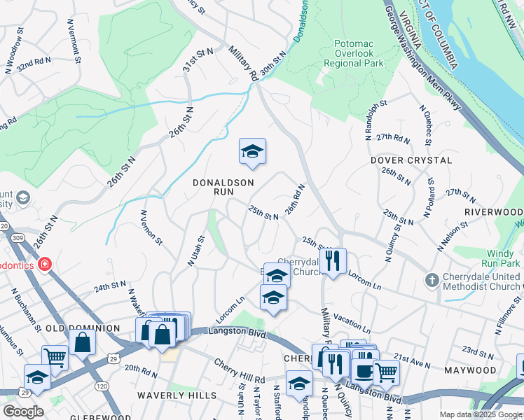 map of restaurants, bars, coffee shops, grocery stores, and more near 4205 25th Street North in Arlington