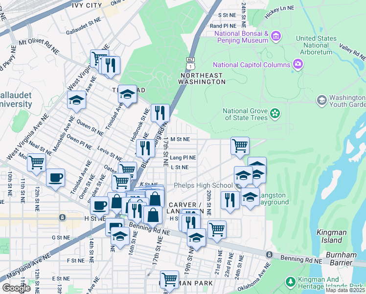 map of restaurants, bars, coffee shops, grocery stores, and more near 1746 Lyman Place Northeast in Washington