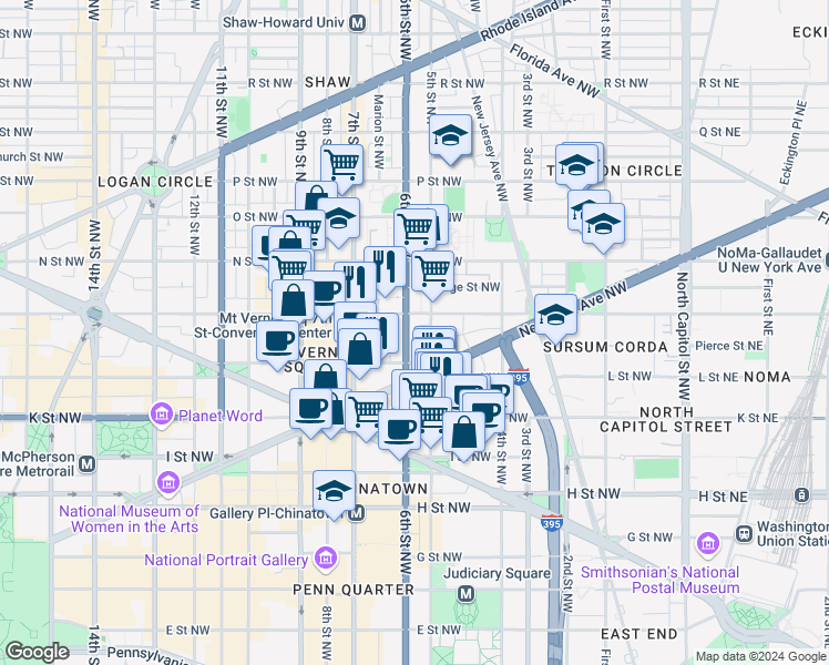 map of restaurants, bars, coffee shops, grocery stores, and more near 1127 6th Street Northwest in Washington