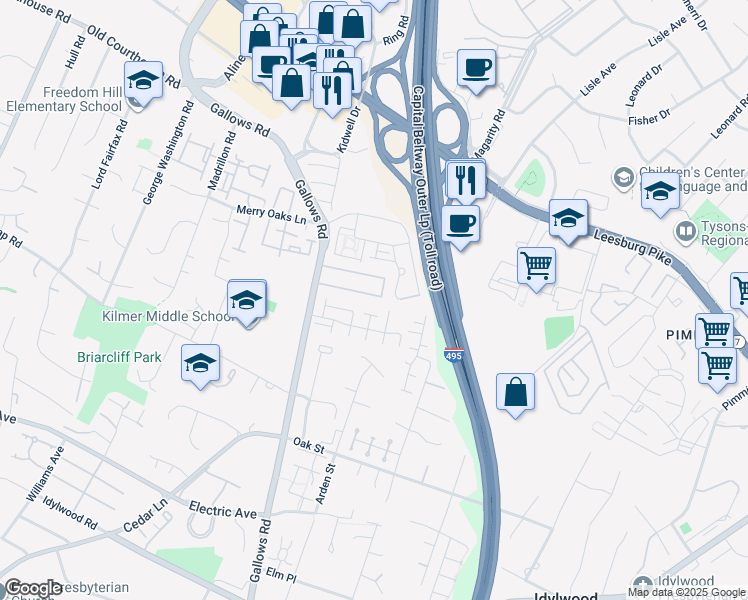map of restaurants, bars, coffee shops, grocery stores, and more near 7979 Tyson Oaks Circle in Vienna