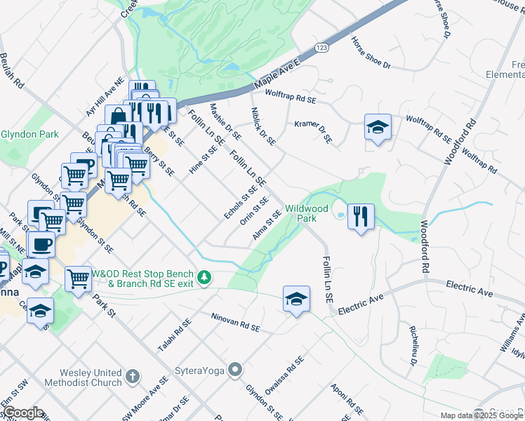 map of restaurants, bars, coffee shops, grocery stores, and more near 603 Orrin Street Southeast in Vienna