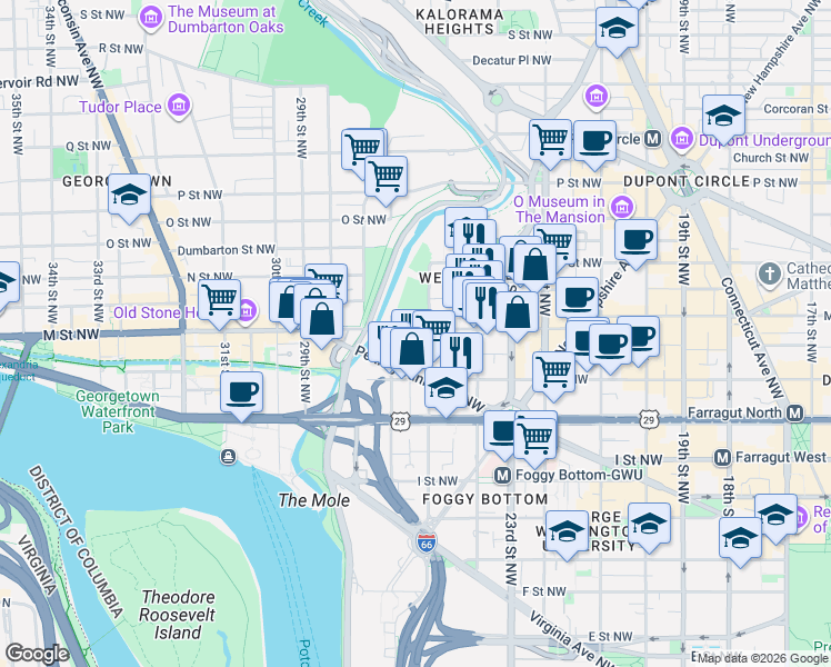 map of restaurants, bars, coffee shops, grocery stores, and more near 2512 M Street Northwest in Washington