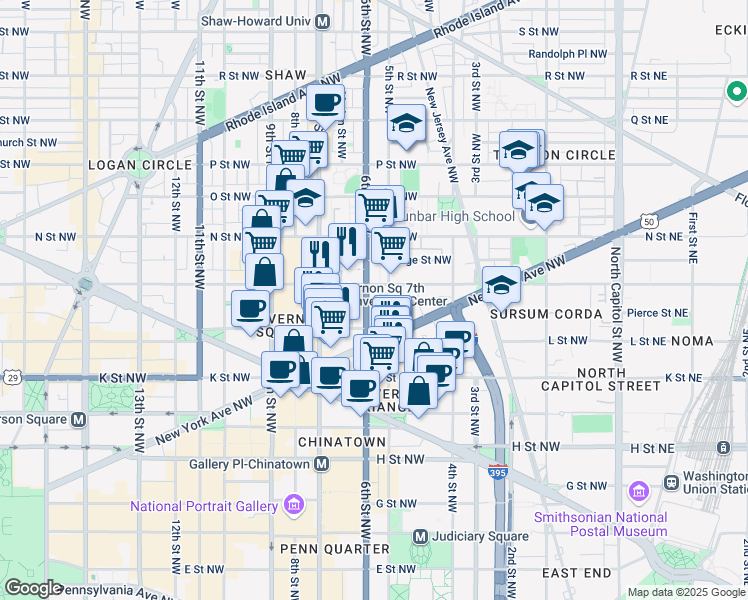 map of restaurants, bars, coffee shops, grocery stores, and more near 1127 6th Street Northwest in Washington