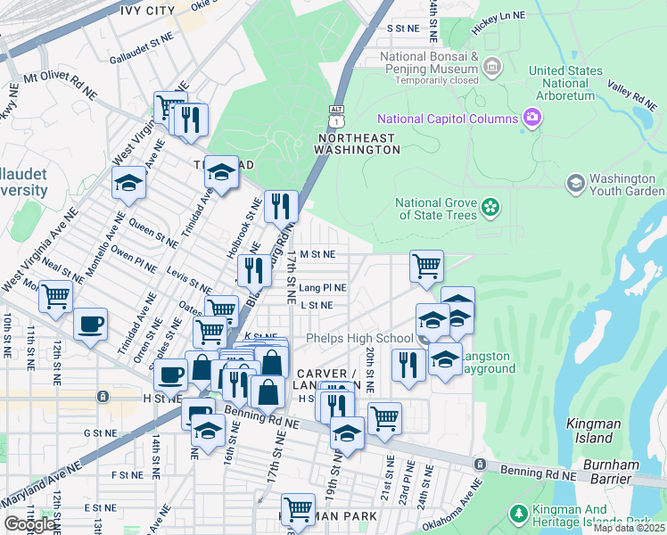 map of restaurants, bars, coffee shops, grocery stores, and more near 1764 Lyman Place Northeast in Washington