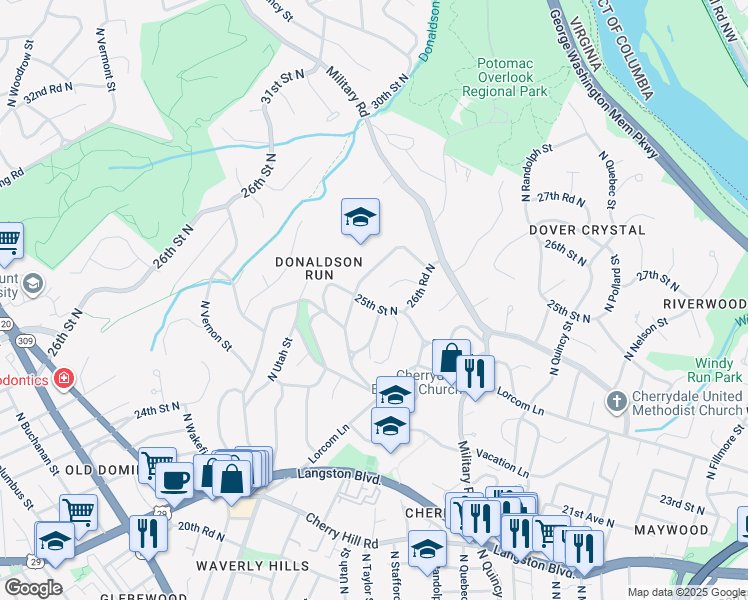 map of restaurants, bars, coffee shops, grocery stores, and more near 4205 25th Street North in Arlington