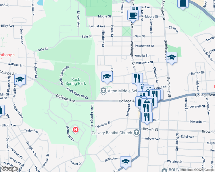 map of restaurants, bars, coffee shops, grocery stores, and more near 2200 College Avenue in Alton