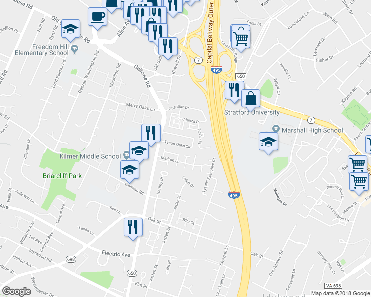 map of restaurants, bars, coffee shops, grocery stores, and more near 7985 Tyson Oaks Circle in Vienna