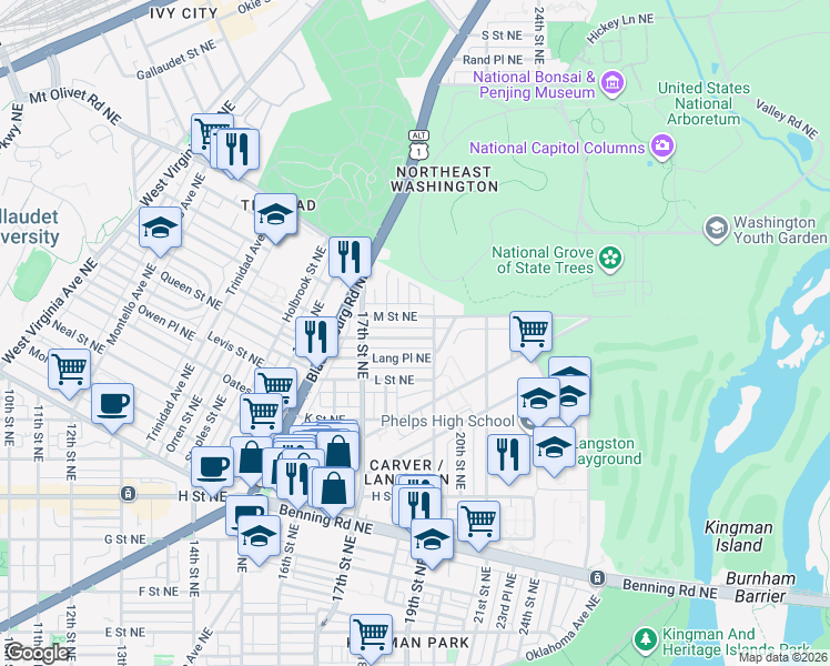 map of restaurants, bars, coffee shops, grocery stores, and more near 101 Independence Avenue Southeast in Washington