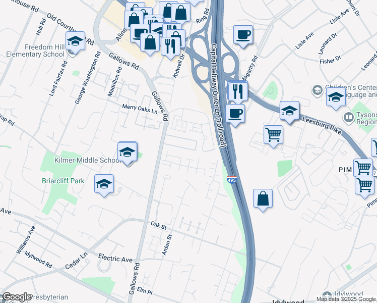 map of restaurants, bars, coffee shops, grocery stores, and more near 7985 Tyson Oaks Circle in Vienna