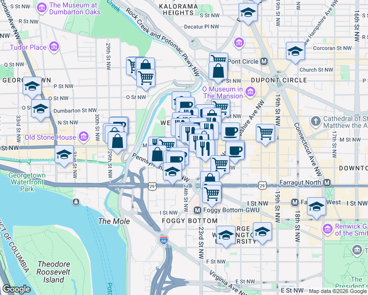 map of restaurants, bars, coffee shops, grocery stores, and more near 2400 M Street Northwest in Washington