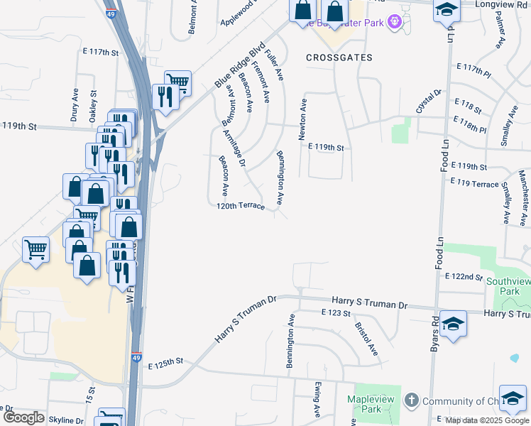 map of restaurants, bars, coffee shops, grocery stores, and more near 6503 120th Terrace in Grandview