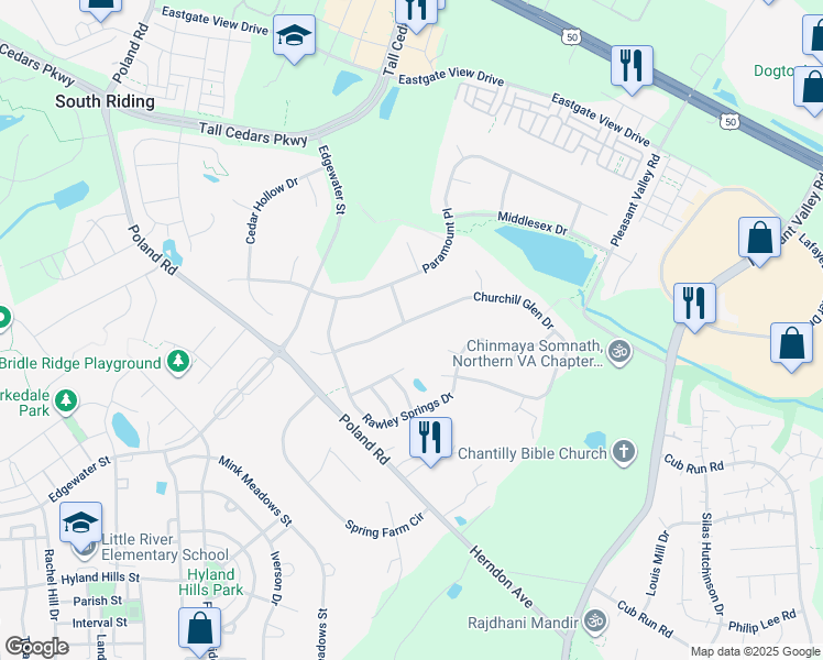 map of restaurants, bars, coffee shops, grocery stores, and more near 43773 ChurcHill Glen Drive in Chantilly