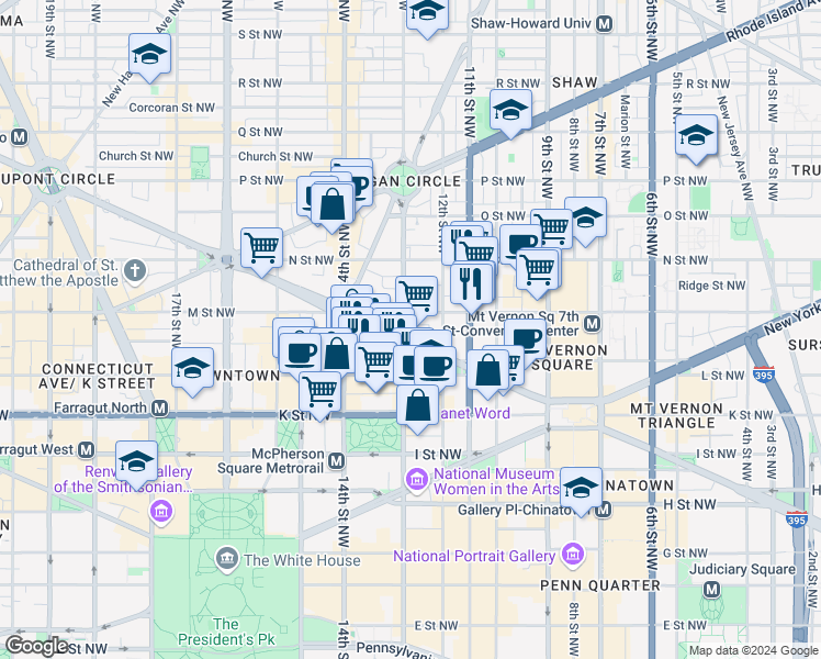 map of restaurants, bars, coffee shops, grocery stores, and more near 1133 13th Street Northwest in Washington