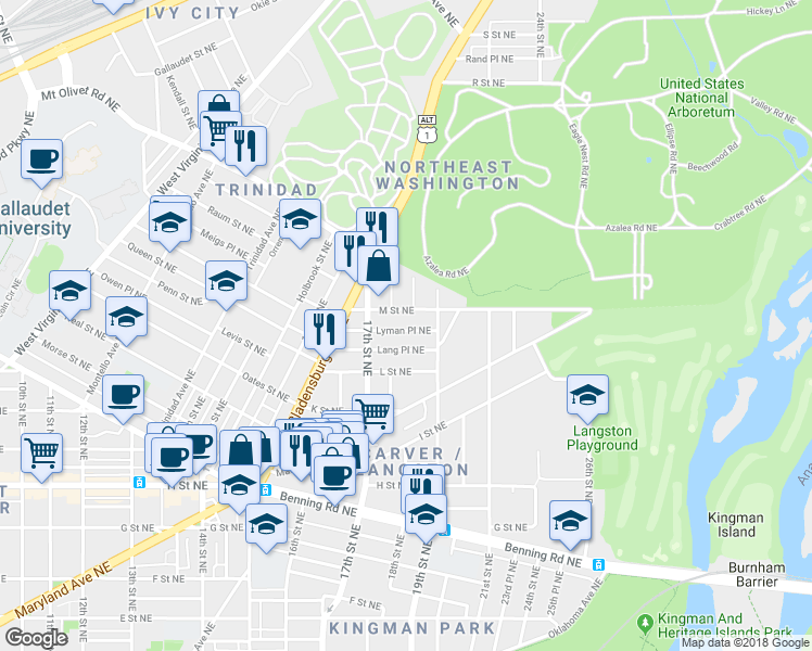 map of restaurants, bars, coffee shops, grocery stores, and more near 1746 Lyman Place Northeast in Washington