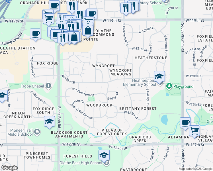 map of restaurants, bars, coffee shops, grocery stores, and more near 12305 South Albervan Street in Olathe