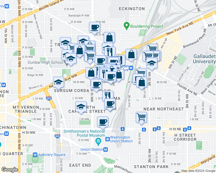 map of restaurants, bars, coffee shops, grocery stores, and more near 1160 First Street Northeast in Washington