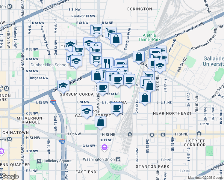 map of restaurants, bars, coffee shops, grocery stores, and more near 55 M Street Northeast in Washington