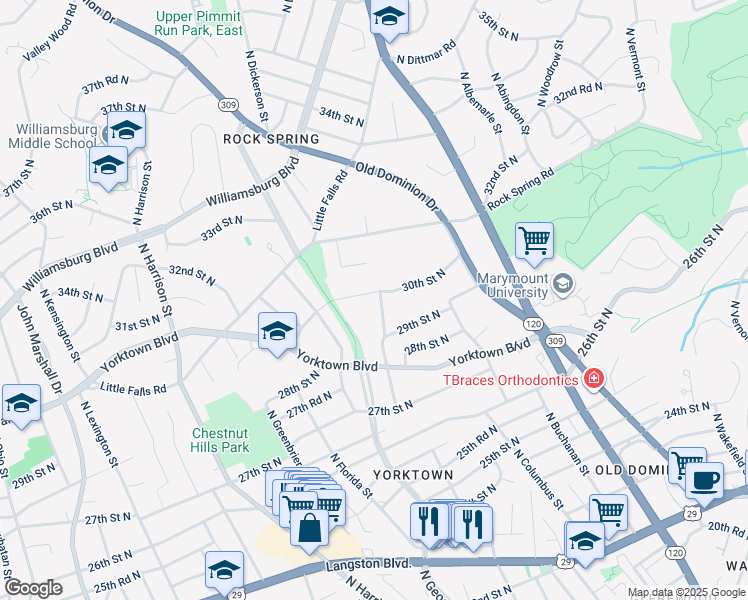 map of restaurants, bars, coffee shops, grocery stores, and more near 5004 30th Street North in Arlington