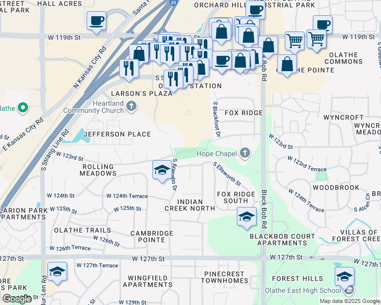 map of restaurants, bars, coffee shops, grocery stores, and more near 12301 South Arapaho Drive in Olathe