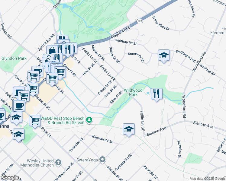 map of restaurants, bars, coffee shops, grocery stores, and more near 603 Orrin Street Southeast in Vienna