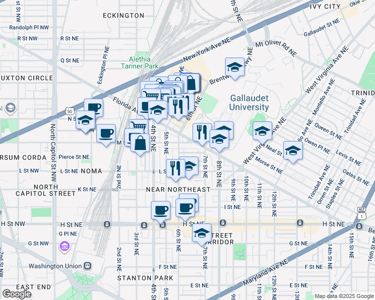 map of restaurants, bars, coffee shops, grocery stores, and more near 618 Orleans Place Northeast in Washington