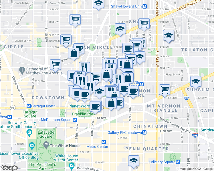 map of restaurants, bars, coffee shops, grocery stores, and more near 1112 M Street Northwest in Washington