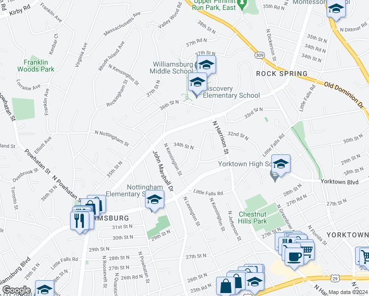 map of restaurants, bars, coffee shops, grocery stores, and more near 5600 34th Street North in Arlington