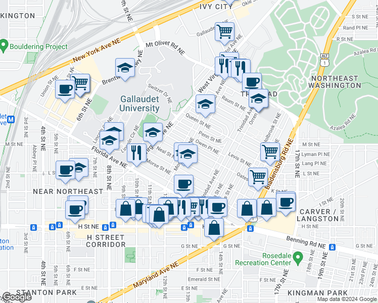 map of restaurants, bars, coffee shops, grocery stores, and more near 1327 Montello Avenue Northeast in Washington