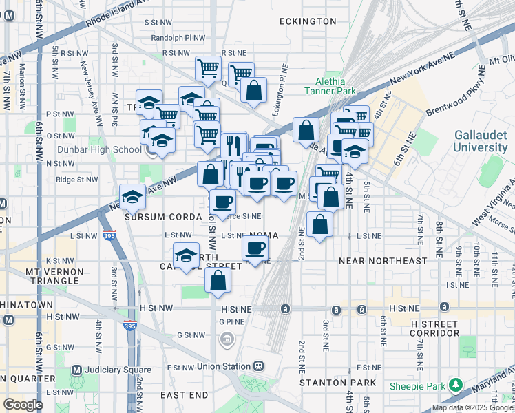 map of restaurants, bars, coffee shops, grocery stores, and more near 1160 First Street Northeast in Washington