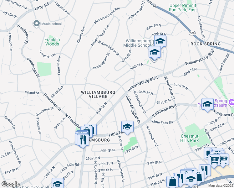 map of restaurants, bars, coffee shops, grocery stores, and more near 5920 35th Street North in Arlington