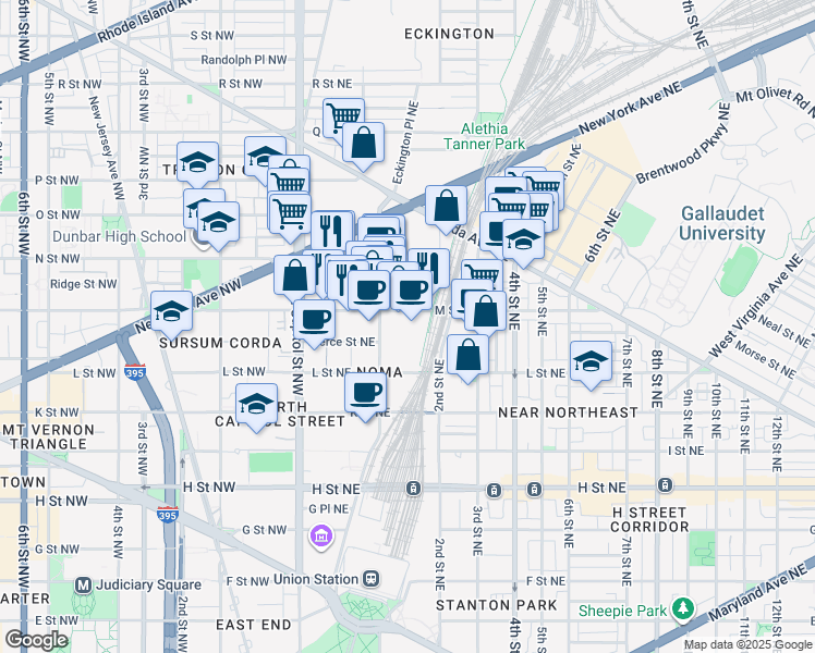map of restaurants, bars, coffee shops, grocery stores, and more near 131 M Street Northeast in Washington