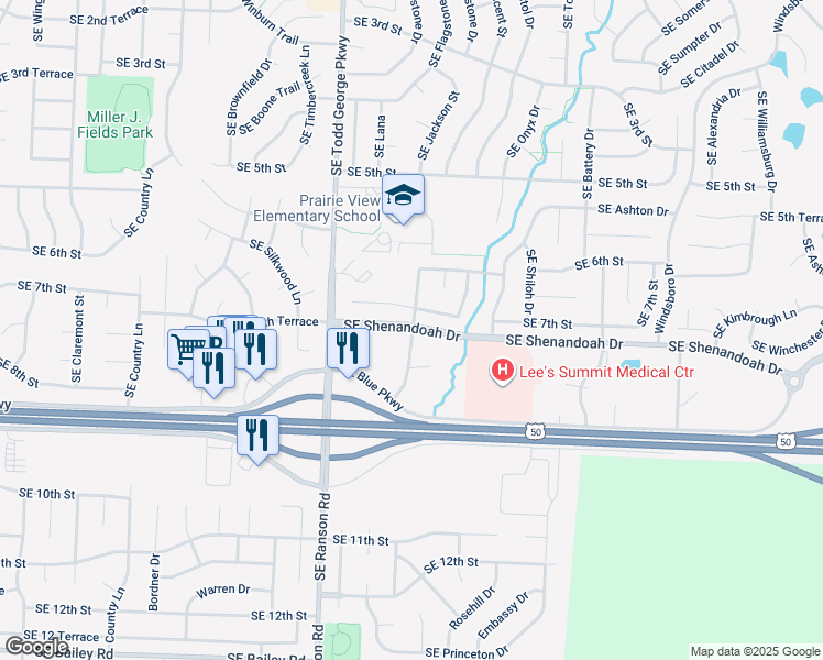 map of restaurants, bars, coffee shops, grocery stores, and more near Southeast Cumberland Drive in Lee's Summit