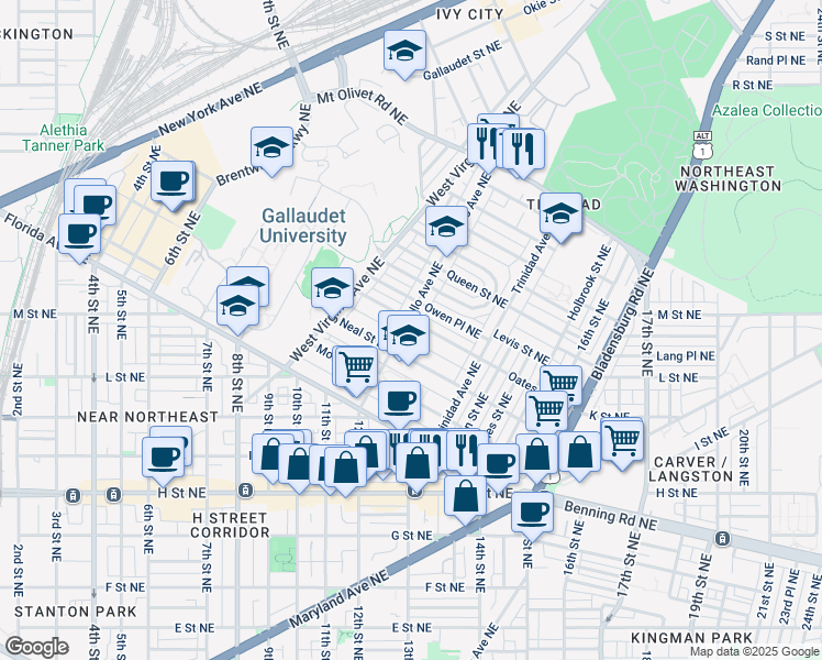 map of restaurants, bars, coffee shops, grocery stores, and more near 1327 Montello Avenue Northeast in Washington