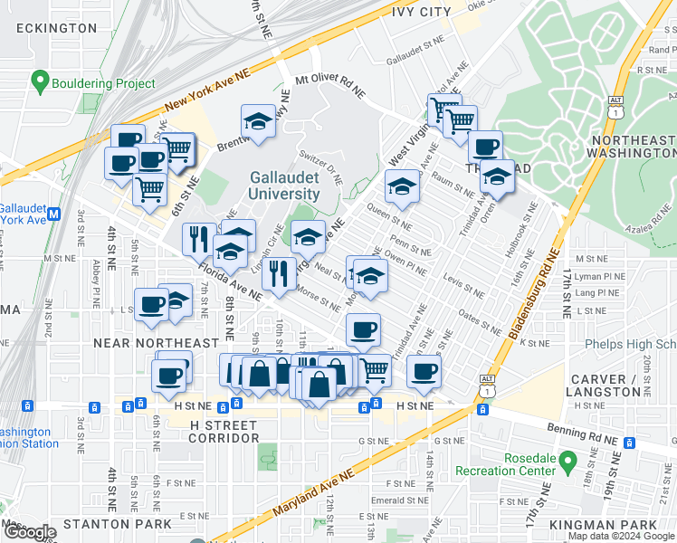 map of restaurants, bars, coffee shops, grocery stores, and more near 1148 Neal Street Northeast in Washington