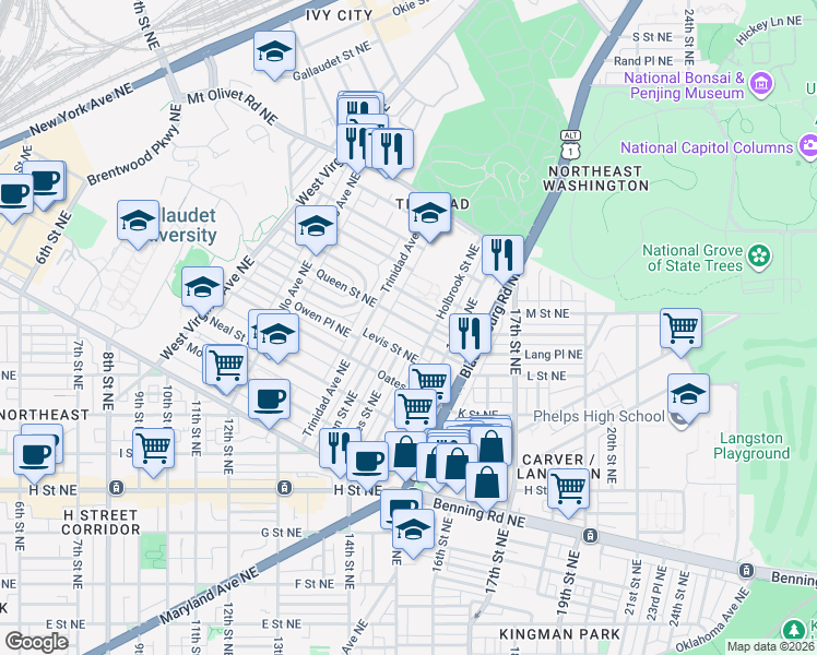 map of restaurants, bars, coffee shops, grocery stores, and more near 101 Independence Avenue Southeast in Washington