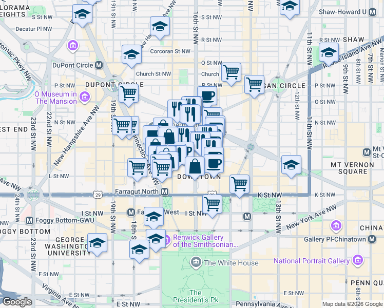 map of restaurants, bars, coffee shops, grocery stores, and more near 1145 17th Street Northwest in Washington