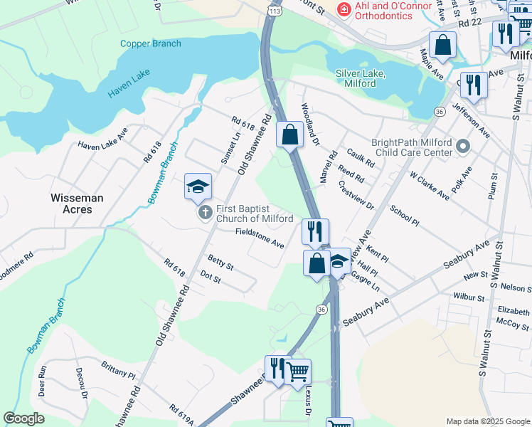 map of restaurants, bars, coffee shops, grocery stores, and more near 500 South Dupont Boulevard in Milford