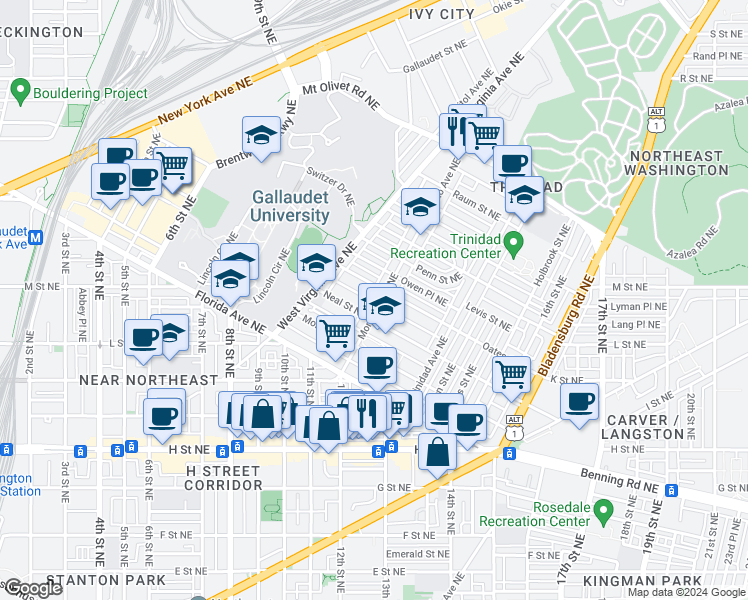 map of restaurants, bars, coffee shops, grocery stores, and more near 101 Independence Avenue Southeast in Washington