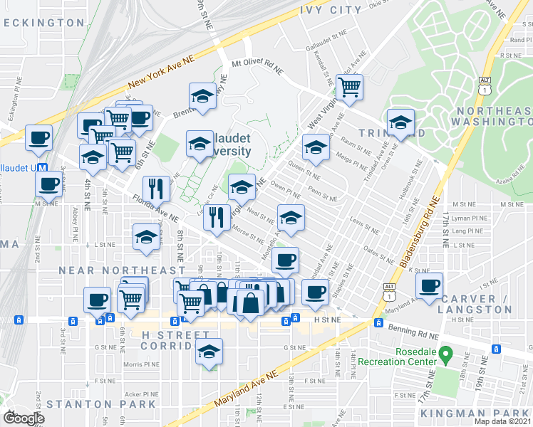 map of restaurants, bars, coffee shops, grocery stores, and more near 1118 Neal Street Northeast in Washington