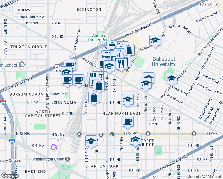 map of restaurants, bars, coffee shops, grocery stores, and more near 101 Independence Avenue Southeast in Washington