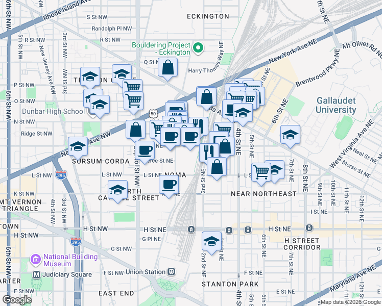 map of restaurants, bars, coffee shops, grocery stores, and more near 101 Independence Avenue Southeast in Washington