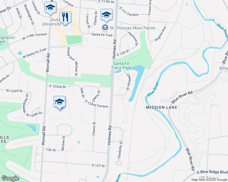 map of restaurants, bars, coffee shops, grocery stores, and more near 12206 Holmes Lane in Kansas City