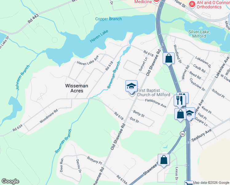 map of restaurants, bars, coffee shops, grocery stores, and more near 7 Bowman Terrace in Milford